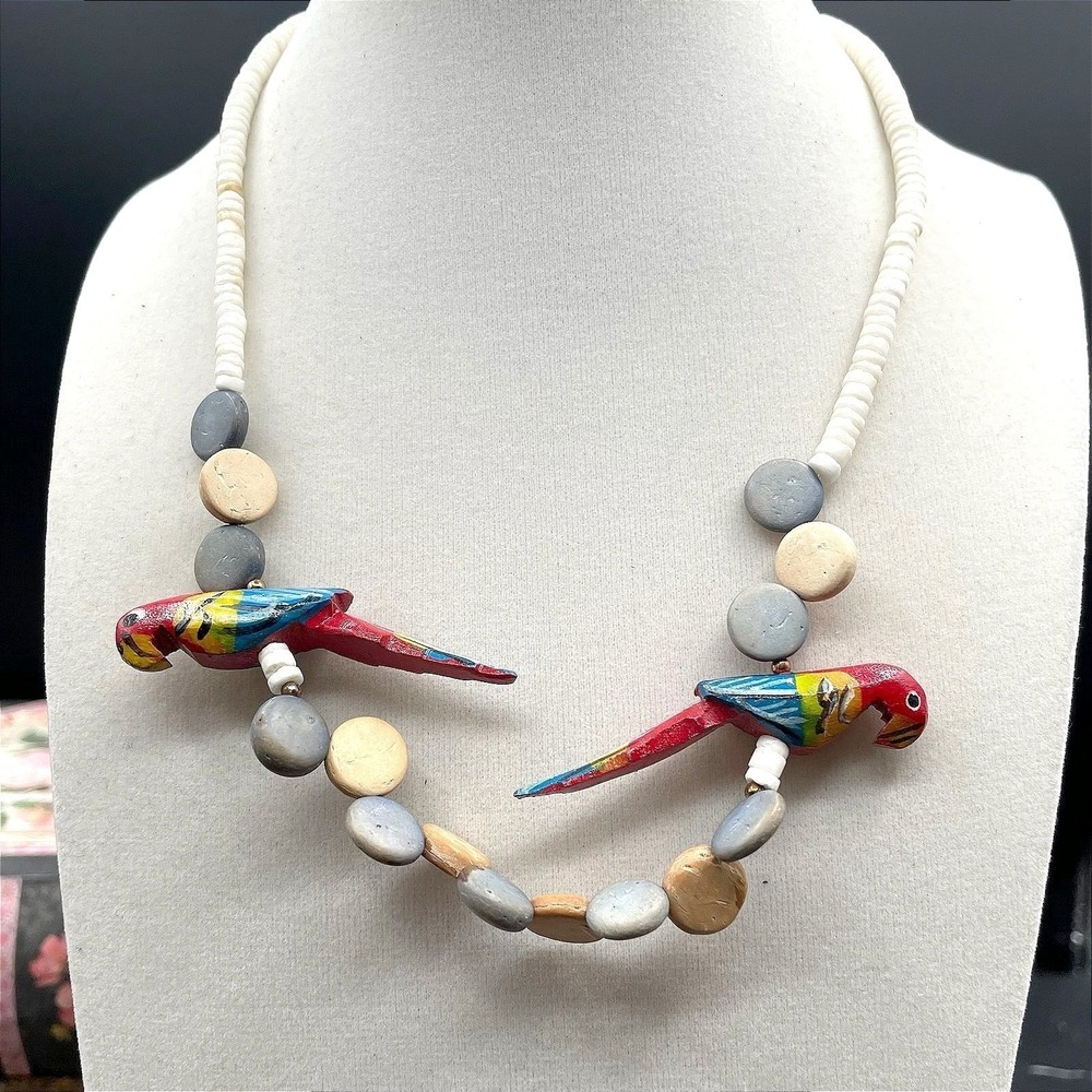 Contemporary White Asymmetrical Carved Wood Parrot Statement Beaded Necklace